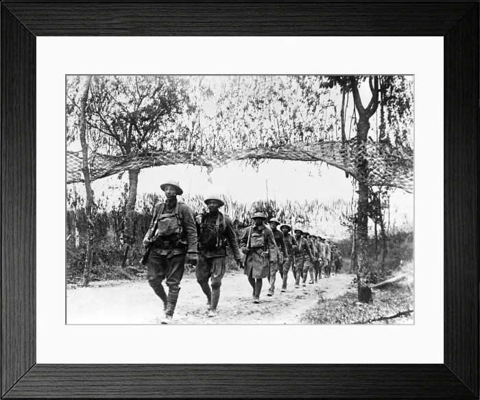 Framed Print : World War 1. U.S. Army infantry troops from an African American unit marching northwest of Verdun, France. Ca. 1918. (BSLOC_2013_1_110)