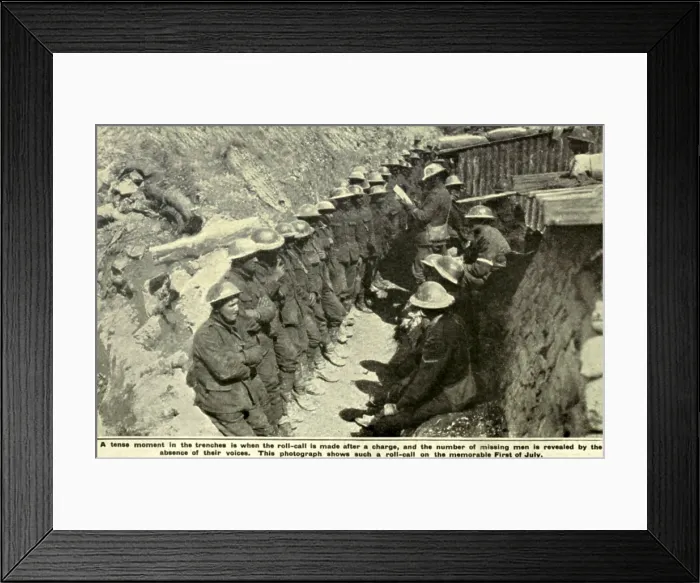 Framed Print : World War 1. Somme Offensive. A British officer takes roll call after his unit has returned from an assault on the first day of the Battle of the Somme, July 1, 1916 Framed Print : World War 1. Somme Offensive. A British officer takes roll call after his unit has returned from an assault on the first day of the Battle of the Somme, July 1, 1916