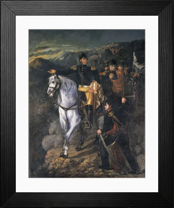 Framed Print : BONEO, Martn (1829-1915). General San Martin after crossing the Andes. 1865. Scene with Generals Jose de San Martn and Bernardo O'Higgins. Oil on canvas. ARGENTINA Framed Print : BONEO, Martn (1829-1915). General San Martin after crossing the Andes. 1865. Scene with Generals Jose de San Martn and Bernardo O'Higgins. Oil on canvas. ARGENTINA