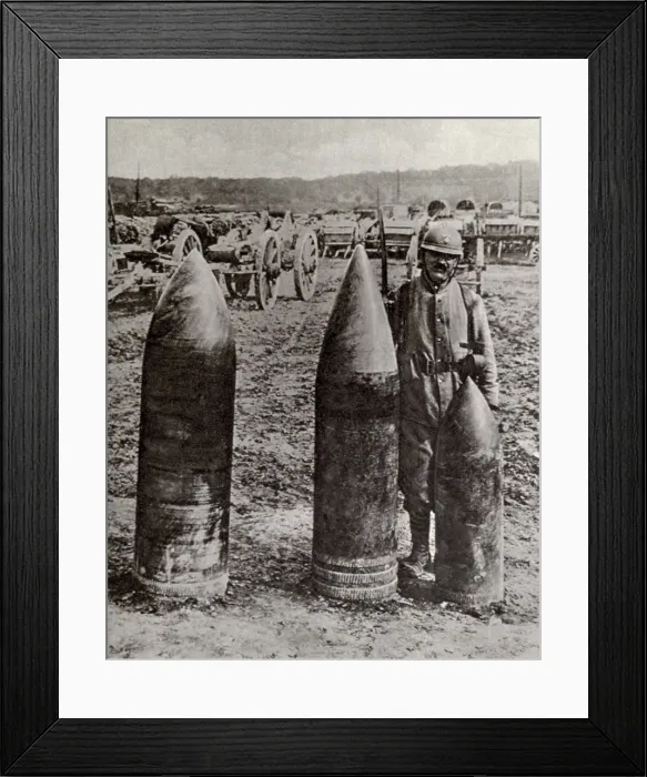 Framed Print : World War 1. French heavy gun, or howitzer, high explosive projectiles, L to R: a 420-mm (16.5 inch) shell, weight 2350 lb.; a 360-mm (14 inch) shell Framed Print : World War 1. French heavy gun, or howitzer, high explosive projectiles, L to R: a 420-mm (16.5 inch) shell, weight 2350 lb.; a 360-mm (14 inch) shell