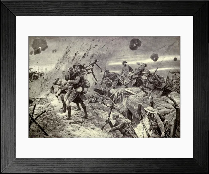 Framed Print : World War 1. Somme Offensive. Scottish Highland regiment advancing under fire during the taking of Longueval, July 28, 1916