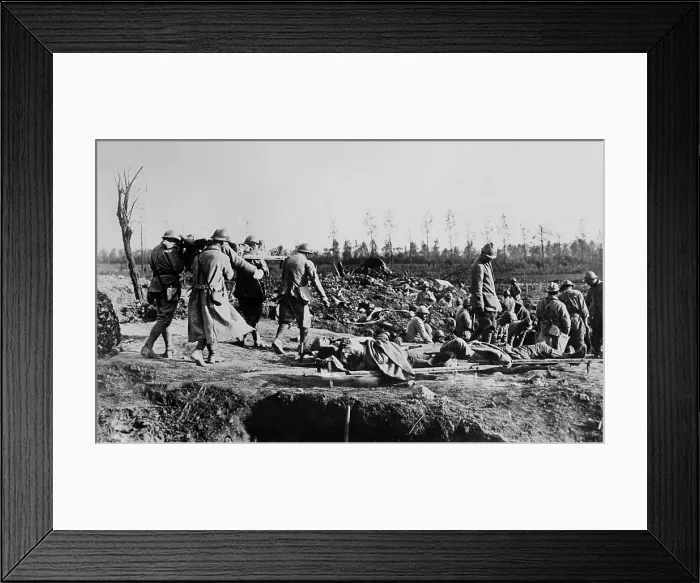 Framed Print : World War 1. Somme Offensive. French Red Cross station on the front. There are several soldiers on stretchers in the foreground. Ca. Sept.-Nov. 1916. (BSLOC_2013_1_127)