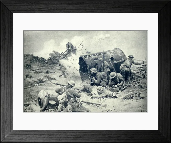 Framed Print : World War 1. Somme Offensive. Canadian soldiers fighting at Courcellette, Sept. 15, 1916, around the sugar refinery