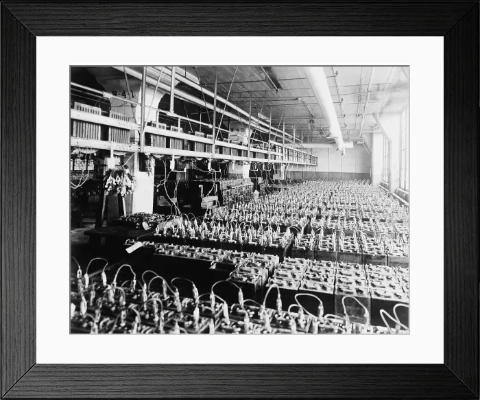 Framed Print : An assembly of 3500 lead-acid batteries at the Ford Motor Company in 1924 Framed Print : An assembly of 3500 lead-acid batteries at the Ford Motor Company in 1924