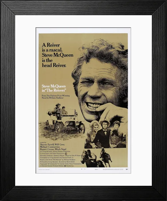 Framed Print : THE REIVERS, US poster, Steve McQueen (top), in car from left: Steve McQueen, Mitch Vogel, sitting from left: Sharon Farrell, Steve McQueen, Mitch Vogel, 1969