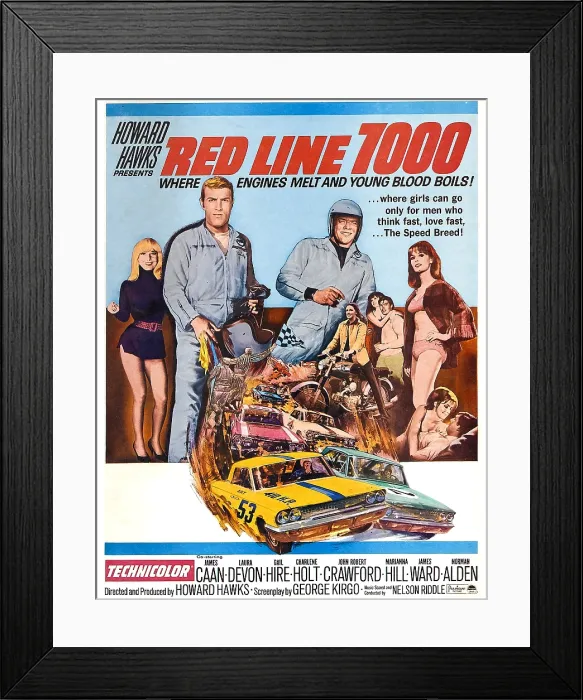 Framed Print : RED LINE 7000, James Caan 9second from left), Skip Ward (helmet), Mariana Hill (hand on hip), 1965