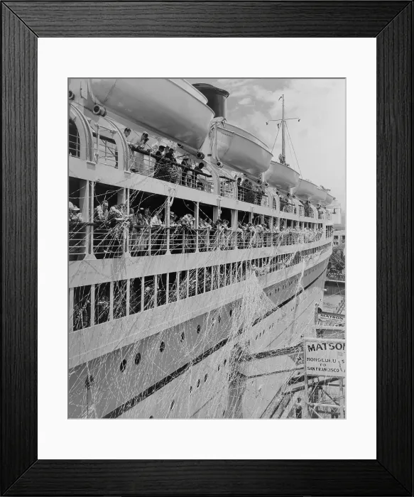 Framed Print : S.S. Lurline leaving Honolulu in the 1930s. Serpentine streams down her sides, and passengers wear fragrant flower leis as she pulls away from the pier. - (BSLOC_2015_1_234) Framed Print : S.S. Lurline leaving Honolulu in the 1930s. Serpentine streams down her sides, and passengers wear fragrant flower leis as she pulls away from the pier. - (BSLOC_2015_1_234)