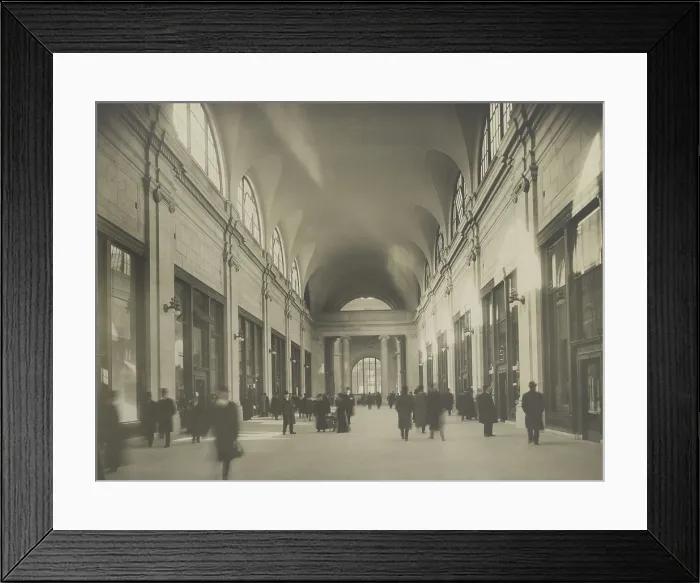 Framed Print : Passengers walking through a hallway of Pennsylvania Station, New York City. Ca. 1910. It was designed by McKim, Mead, and White and completed in 1910. - (BSLOC_2015_1_232) Framed Print : Passengers walking through a hallway of Pennsylvania Station, New York City. Ca. 1910. It was designed by McKim, Mead, and White and completed in 1910. - (BSLOC_2015_1_232)