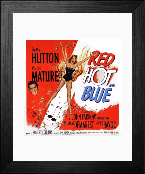 Framed Print : RED, HOT AND BLUE, US poster art, from left: Victor Mature, Betty Hutton, 1949