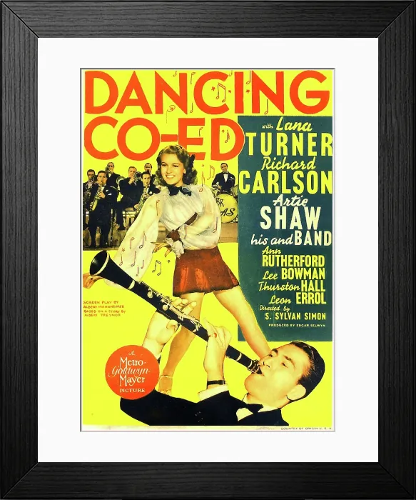 Framed Print : DANCING CO-ED, US poster art, top: Lana Turner, Buddy Rich on drums; bottom: Artie Shaw, 1939