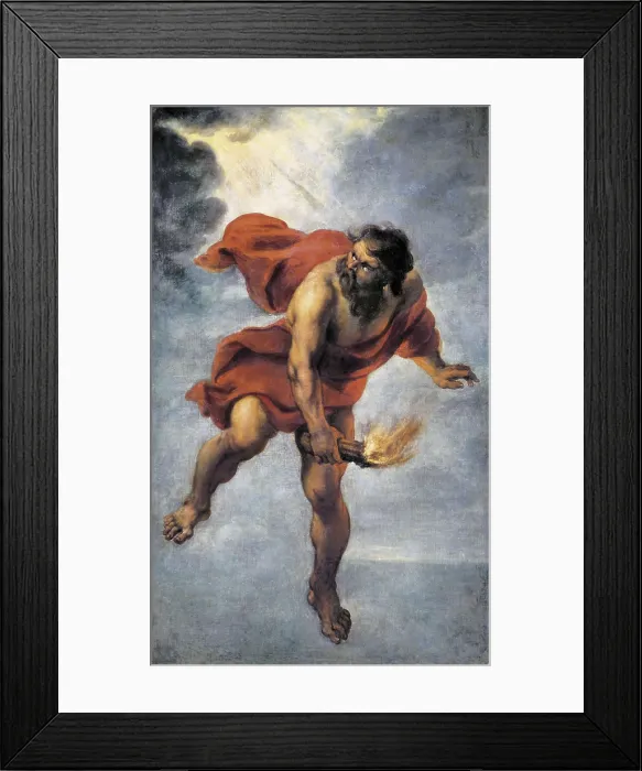Framed Print : COSSIERS, Jan (1600-1671). Pormetheus Carrying Fire. mid. 17th c. He gets down from the heaven carrying the fire that he just stole from the sun. Flemish art. Oil on canvas