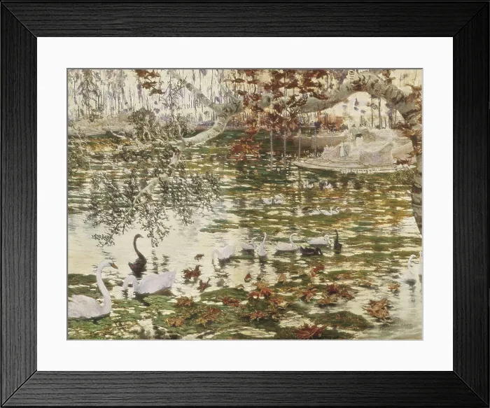 Framed Print : MUOZ i DEGRAIN, Antoni (1841-1924). Pond, fallen leaves and swans. 1913. Oil on canvas. SPAIN. Valencia. San Pio V Fine Arts Museum. AISA / Everett Collection**US SALES ONLY**