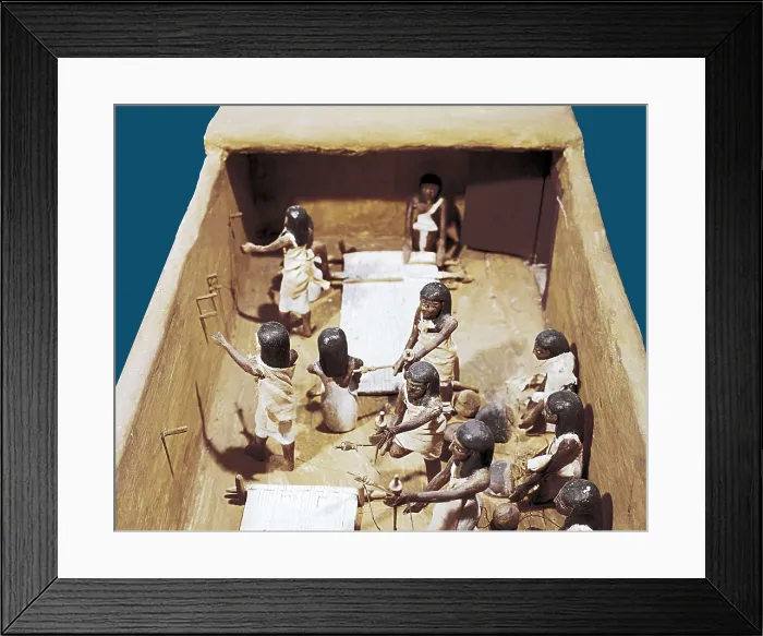 Framed Print : Funerary model of a textile workshop. ca. 2040 -1991 BC. Egyptian art. Middle Kingdom. Sculpture on wood. EGYPT. Cairo. Egyptian Museum. Proc: EGYPT. Dayr al-Bahri