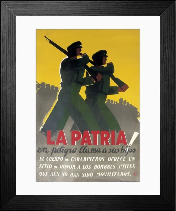 Framed Print : Spanish Civil War (1936-1939). 'La Patria en peligro llama a su hijo' (The Homeland in Danger Calls her Son). Poster with republican border guards (1936) Framed Print : Spanish Civil War (1936-1939). 'La Patria en peligro llama a su hijo' (The Homeland in Danger Calls her Son). Poster with republican border guards (1936)