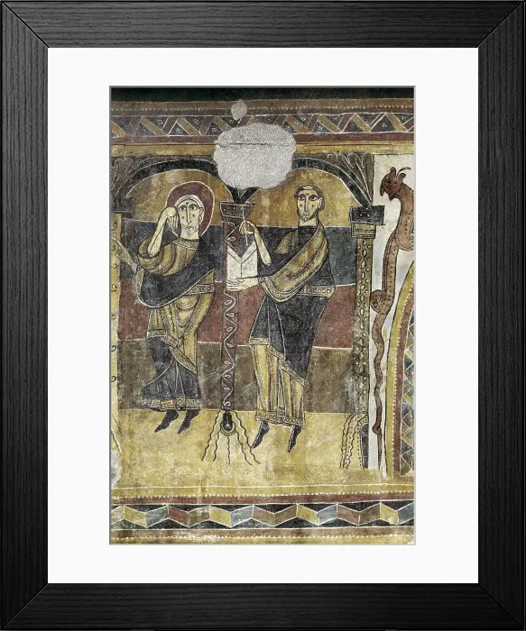 Framed Print : Church of Santa Mara in Tall. Paintings in the central apse. c. 1123. Detail of the Saints. Romanesque art. Fresco. SPAIN. Barcelona. National Art Museum of Catalonia