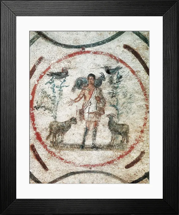 Framed Print : The Good Shepherd. 1st-3rd c. ITALY. Rome. Catacombs of Priscilla. Paleo-christian art. Fresco. AISA / Everett Collection**US SALES ONLY**