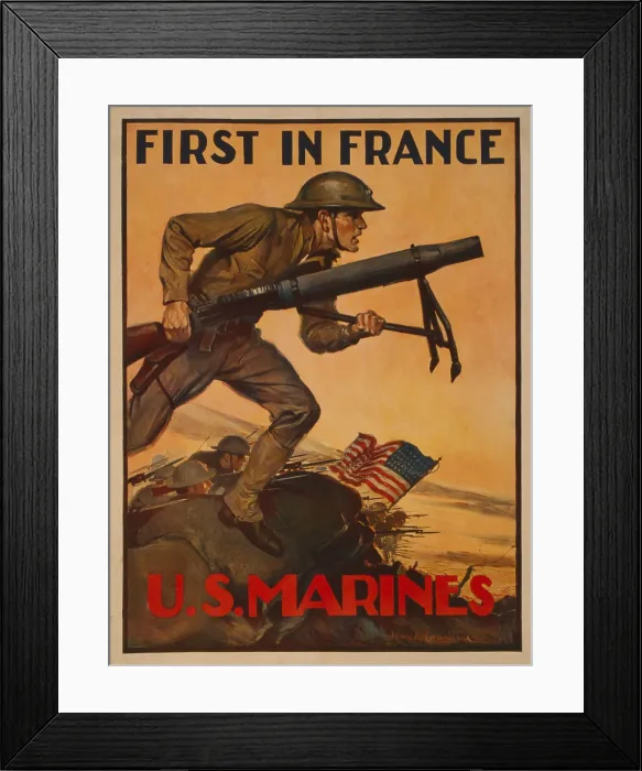 Framed Print : World War 1. First in France--U.S. Marines. 1917 recruiting poster showing a Marine carrying a mortar into combat