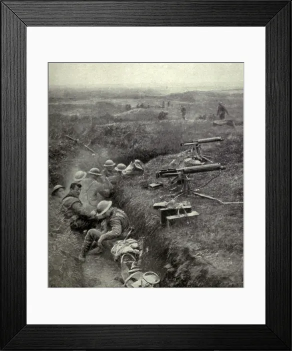 Framed Print : World War 1. British soldiers with their machine-guns in a captured Hindenburg Line trench during the Battle of Cambrai