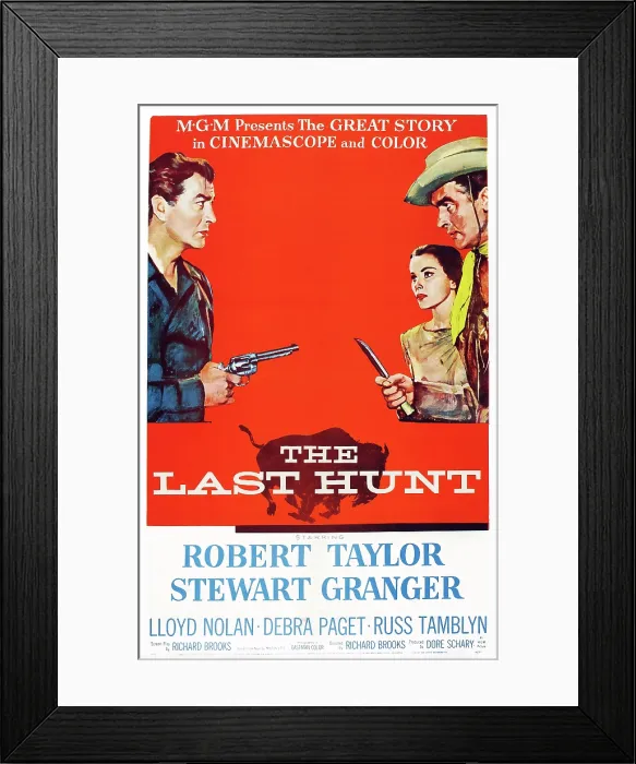 Framed Print : THE LAST HUNT, US poster art, from left: Robert Taylor, Debra Paget, Stewart Granger, 1956