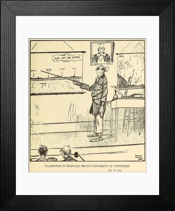 Framed Print : CLASSROON IN PROPOSED BRYAN UNIVERSITY IN TENNESSEE, July 18, 1925, by Rollin Kirby, NEW YORK WORLD. The gagged teacher points to a map of a flat earth (BSLOC_2016_10_67) Framed Print : CLASSROON IN PROPOSED BRYAN UNIVERSITY IN TENNESSEE, July 18, 1925, by Rollin Kirby, NEW YORK WORLD. The gagged teacher points to a map of a flat earth (BSLOC_2016_10_67)