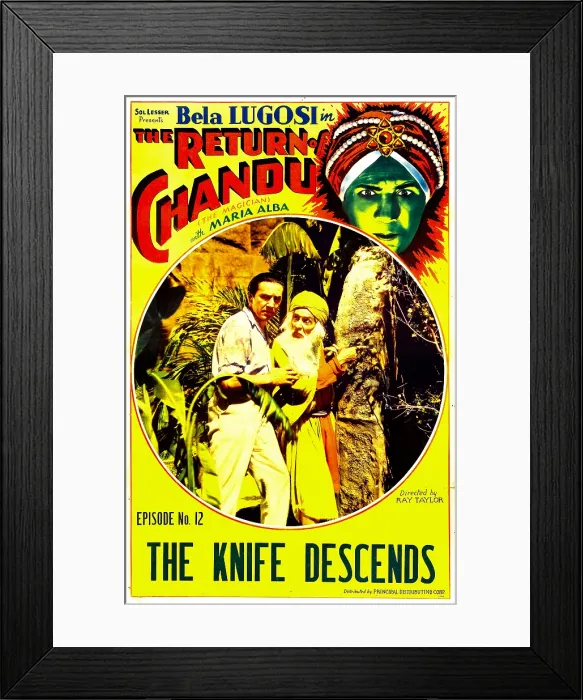 Framed Print : THE RETURN OF CHANDU, top right and inset left: Bela Lugosi in Episode No. 12: The Knife Descends, 1934