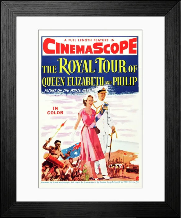 Framed Print : THE ROYAL TOUR OF QUEEN ELIZABETH AND PHILIP, (aka FLIGHT OF THE WHITE HERON), US poster art, from left: Queen Elizabeth II, Prince Philip, 1954