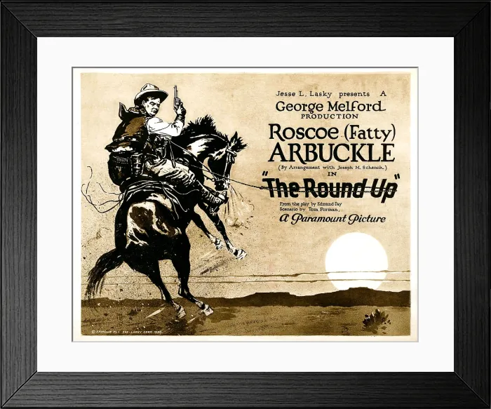 Framed Print : THE ROUND-UP, Roscoe Fatty Arbuckle on Title card to lobby card set, 1920