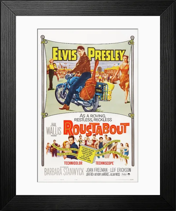Framed Print : ROUSTABOUT, US poster art, from left, Barbara Stanwyck, Elvis Presley, Joan Freeman, 1964