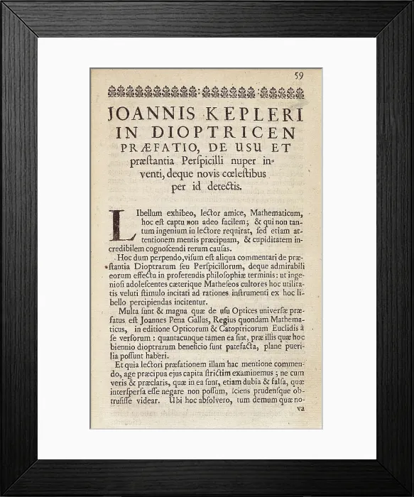 Framed Print : Kepler, Johannes (1571-1630). First page of Kepler's work 'Dioptrice Praefatio' (Dioptre). AISA / Everett Collection**US SALES ONLY**