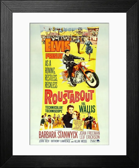 Framed Print : ROUSTABOUT, Elvis Presley (on motorcycle); bottom center, from left: Elvis Presley, Joan Freeman, 1964 Framed Print : ROUSTABOUT, Elvis Presley (on motorcycle); bottom center, from left: Elvis Presley, Joan Freeman, 1964