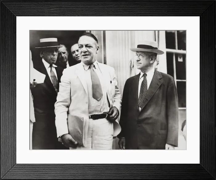 Framed Print : Hugh Johnson (left), Recovery Administrator, and Interior Secretary Harold Ickes. They spoke to reporters after meeting with FDR about the oil industry's NRA code
