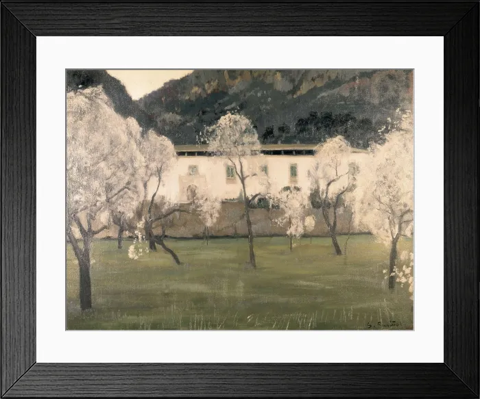 Framed Print : RUSIOL i PRATS, Sainttiago (1861-1931). Lanscape with flowered almond trees. s.XIX-s.XX. Modernism. Oil on canvas. SPAIN. Barcelona. National Art Museum of Catalonia