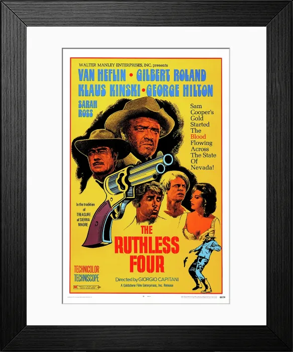 Framed Print : THE RUTHLESS FOUR, US poster art, from left: Gilbert Roland, Van Heflin, George Hilton, Klaus Kinski, Sarah Ross, 1968