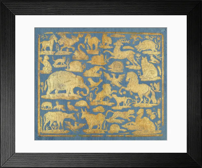Framed Print : Blue brocade paper decorated with gold animals, c. 1750-1800. Leaf includes domesticated and wild mammals and birds (BSLOC_2016_2_147) Framed Print : Blue brocade paper decorated with gold animals, c. 1750-1800. Leaf includes domesticated and wild mammals and birds (BSLOC_2016_2_147)