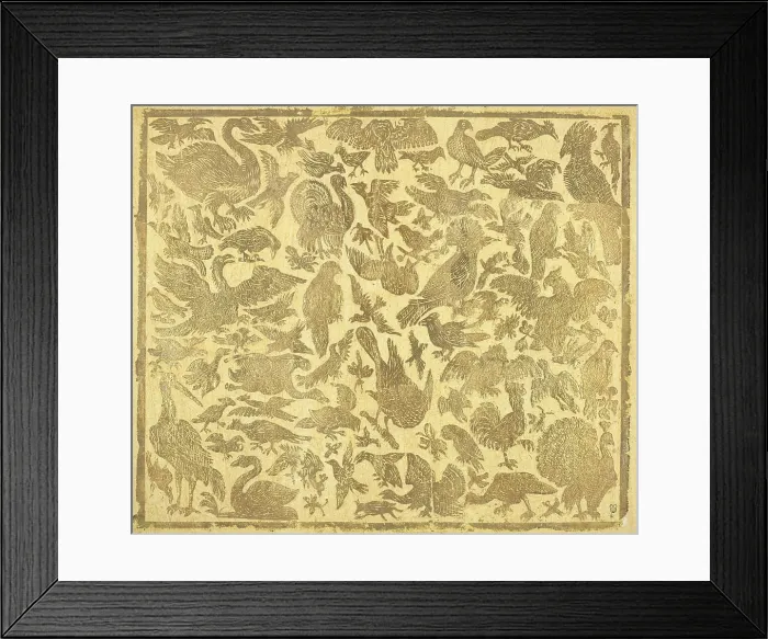 Framed Print : Yellow brocade paper decorated with gold birds, c. 1750-1800. Leaf includes domesticated and wild birds (BSLOC_2016_2_148)