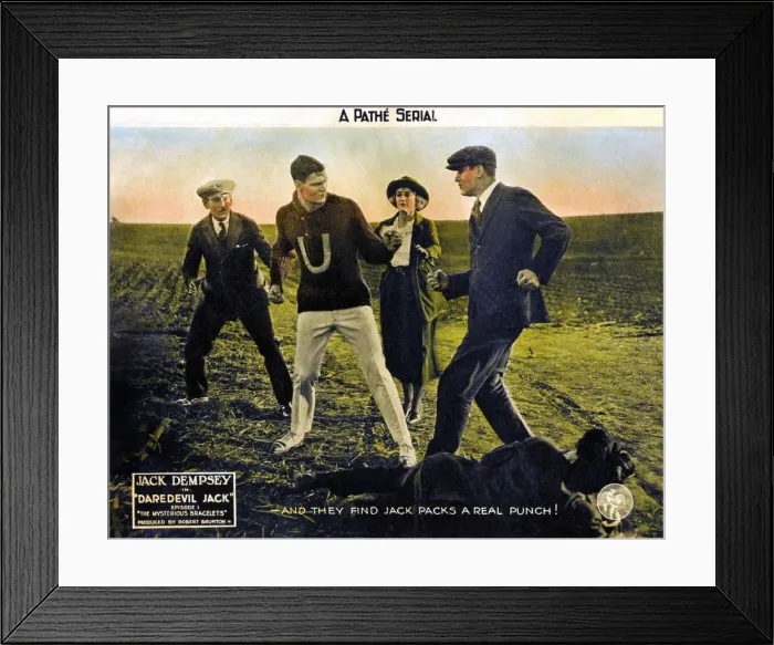 Framed Print : DAREDEVIL JACK, second from left: Jack Dempsey in Episode 1-The Mysterious Bracelets on lobbycard, 1920