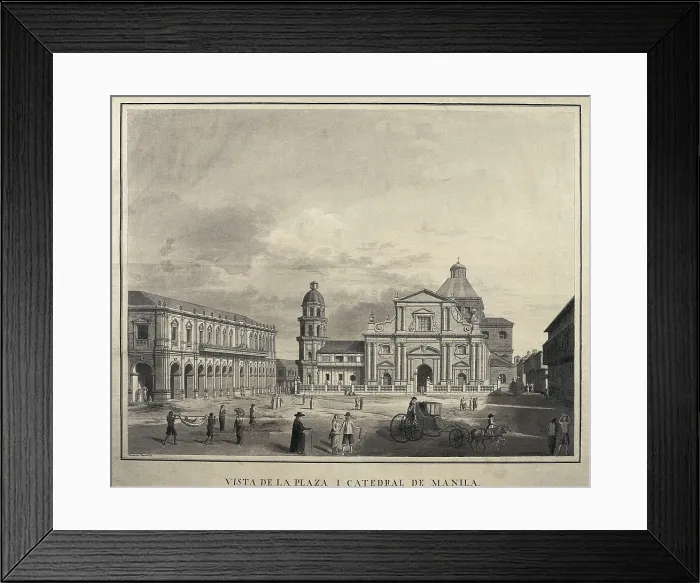 Framed Print : Philippines (18th c.). Manila. Square and cathedral. Drawing by Fernando Brambila that illustrates the scientific expedition of Alejandro Malaspina (1789-1794). Litography. SPAIN