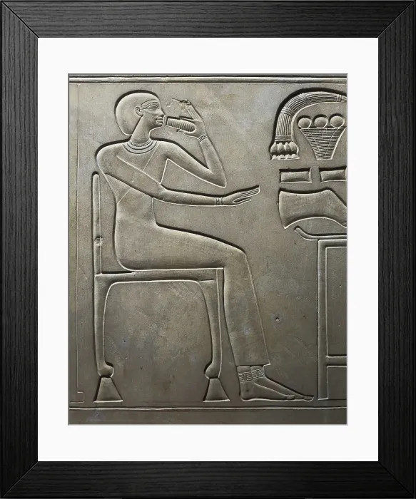 Framed Print : Sarcophagus of Queen Kawit. 2040 BC. Detail of Queen Kawit drinking in her throne. Egyptian art. Middle Kingdom. Relief on rock. EGYPT. Cairo. Egyptian Museum. Proc: EGYPT