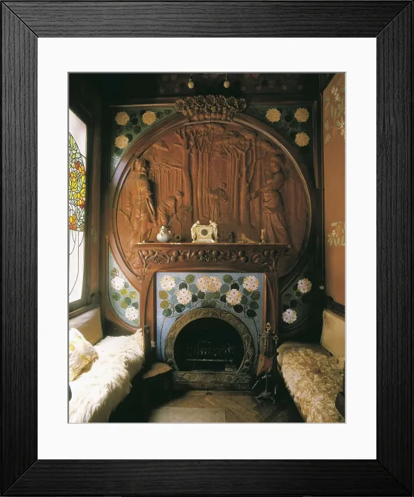 Framed Print : HOMAR i MESQUIDA, Gaspar (1870-1953). Chimney. 1901-1907. SPAIN. Reus. Navs House. Placed in the living room. Made in carving wood and mosaic. Modernism. Furniture