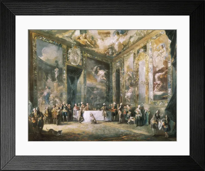 Framed Print : PARET y ALCAZAR, Luis (1746-1798). Charles III dining before the Court. end 18th c. King of Spain, duke of Plasencia and Parma (1731-1735), king of Naples (1734-1759)