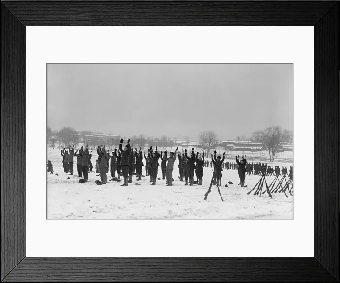 Framed Print : Soldiers in basic training performing calisthenics at Camp Mead, Maryland, Dec. 1917. (BSLOC_2016_13_107.jpg )