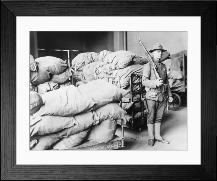 Framed Print : U.S. Marine standing guard over sacks of mail, Washington, D.C Framed Print : U.S. Marine standing guard over sacks of mail, Washington, D.C