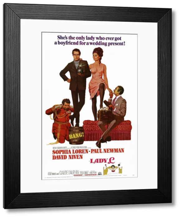 Framed Print : LADY L, US poster art, from left: Peter Ustinov, Paul Newman, Sophia Loren, David Niven, 1965