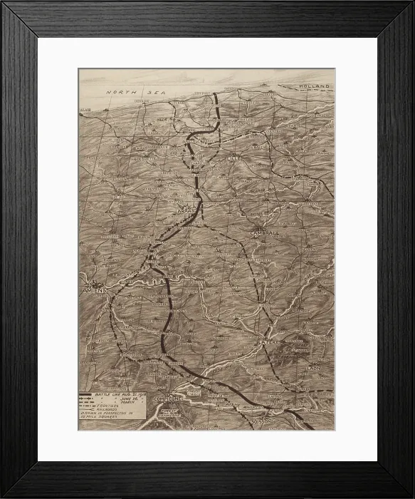 Framed Print : World War 1. Map of the Western Front during the German Spring Offensive of 1918. The solid dark line marks the German position on August 21 Framed Print : World War 1. Map of the Western Front during the German Spring Offensive of 1918. The solid dark line marks the German position on August 21