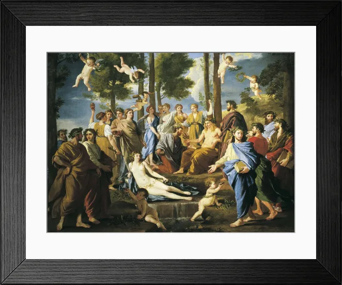 Framed Print : POUSSIN, Nicolas (1594-1665). Parnassus. 1625 - 1629. Apollo offers the ambrosia to Homer who is crowned by Calliope