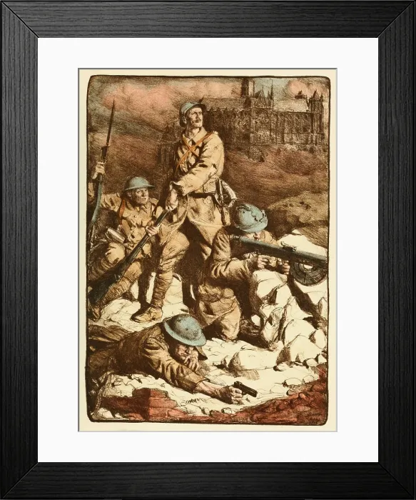 Framed Print : World War 1. French drawing called the Rampart of Amiens, by Lucian Jonas. French, British, and Belgian soldiers hold the Germans back at Amiens in 1918. (BSLOC_2013_1_173) Framed Print : World War 1. French drawing called the Rampart of Amiens, by Lucian Jonas. French, British, and Belgian soldiers hold the Germans back at Amiens in 1918. (BSLOC_2013_1_173)