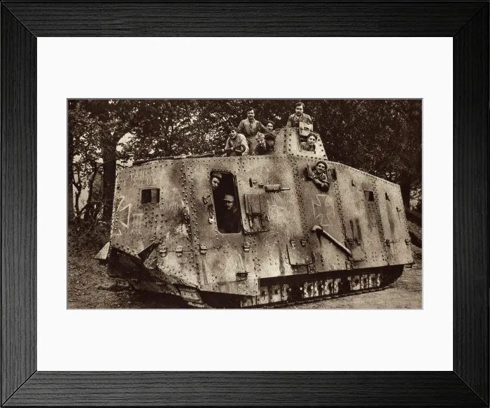 Framed Print : World War 1 Tanks. German A7V was the only tank developed by Germany and no more than 20 were built. This captured A7V tank is manned by French soldiers. Ca. 1917-18