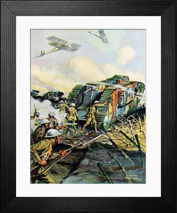 Framed Print : World War 1 Tanks. Illustration of a British tank in battle, crushing German barbed wire defenses, and sheltering British soldiers following