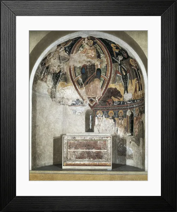 Framed Print : Apse from the church in Esterri de Cards. 11th c. Decorated with a representation of the Pantocrator and the Tetramorphos. Under this one appear the Virgin and seven Apostles
