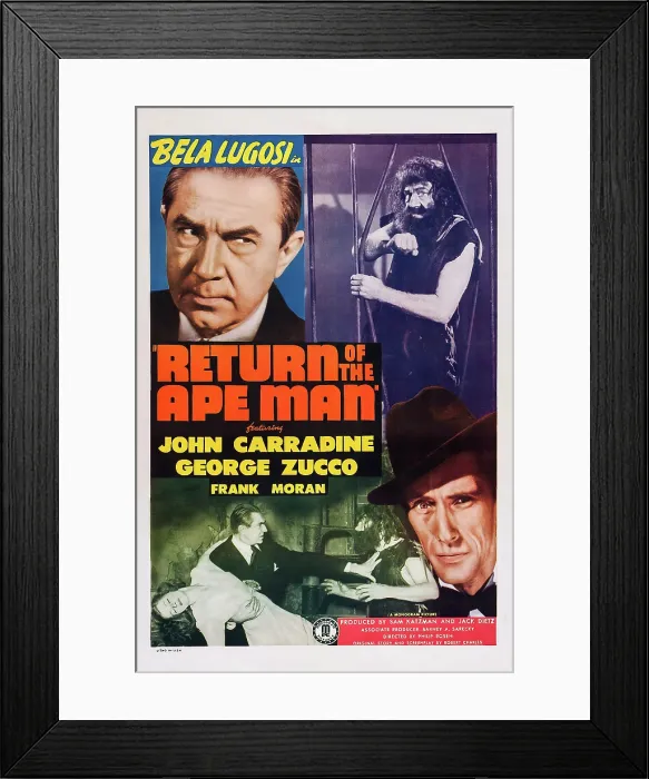 Framed Print : RETURN OF THE APE MAN, US poster, Bela Lugosi (top left), John Carradine (bottom right), 1944